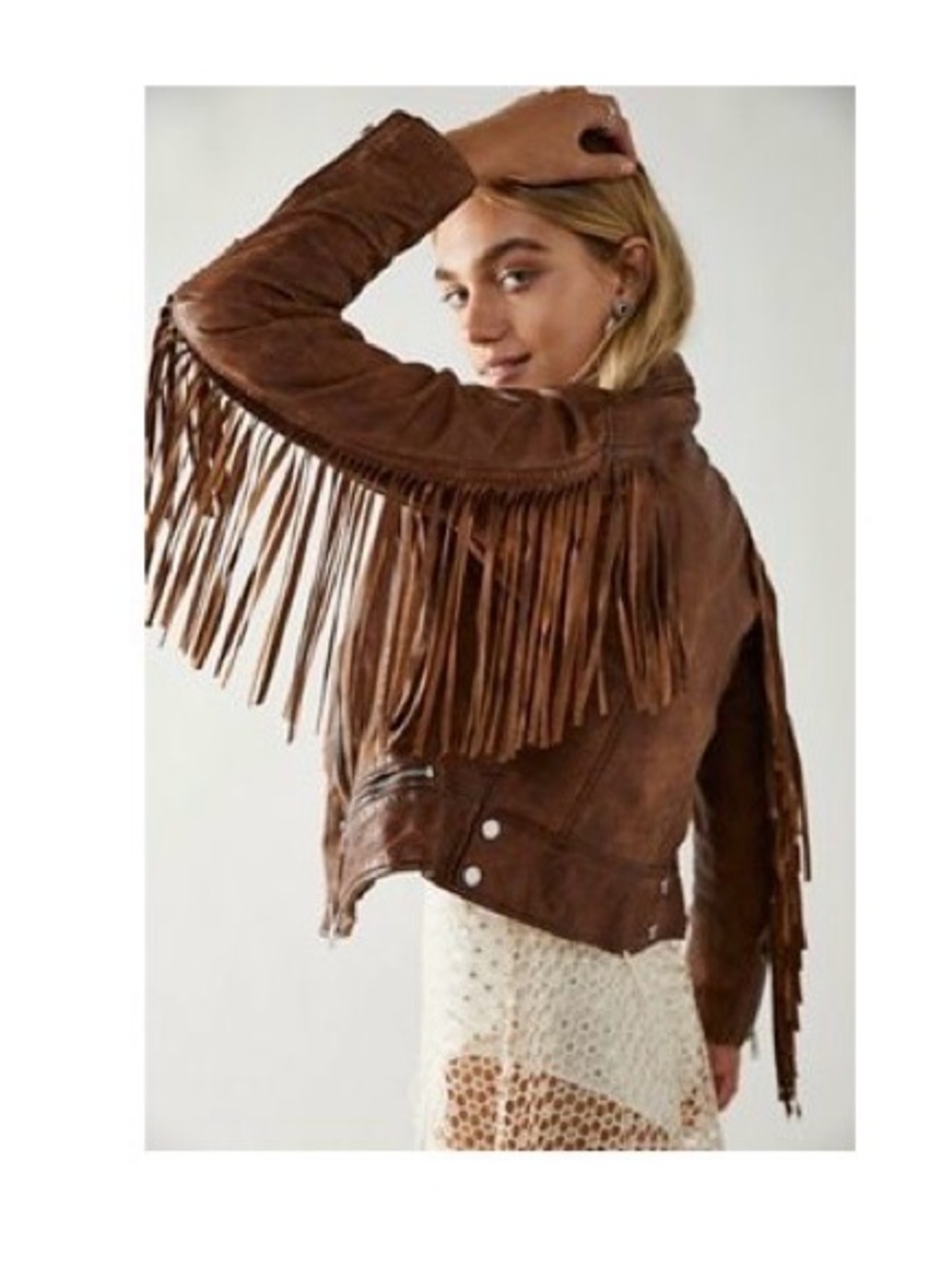 Free People Zoe Faux Brown Fringe Leather Moto Jacket